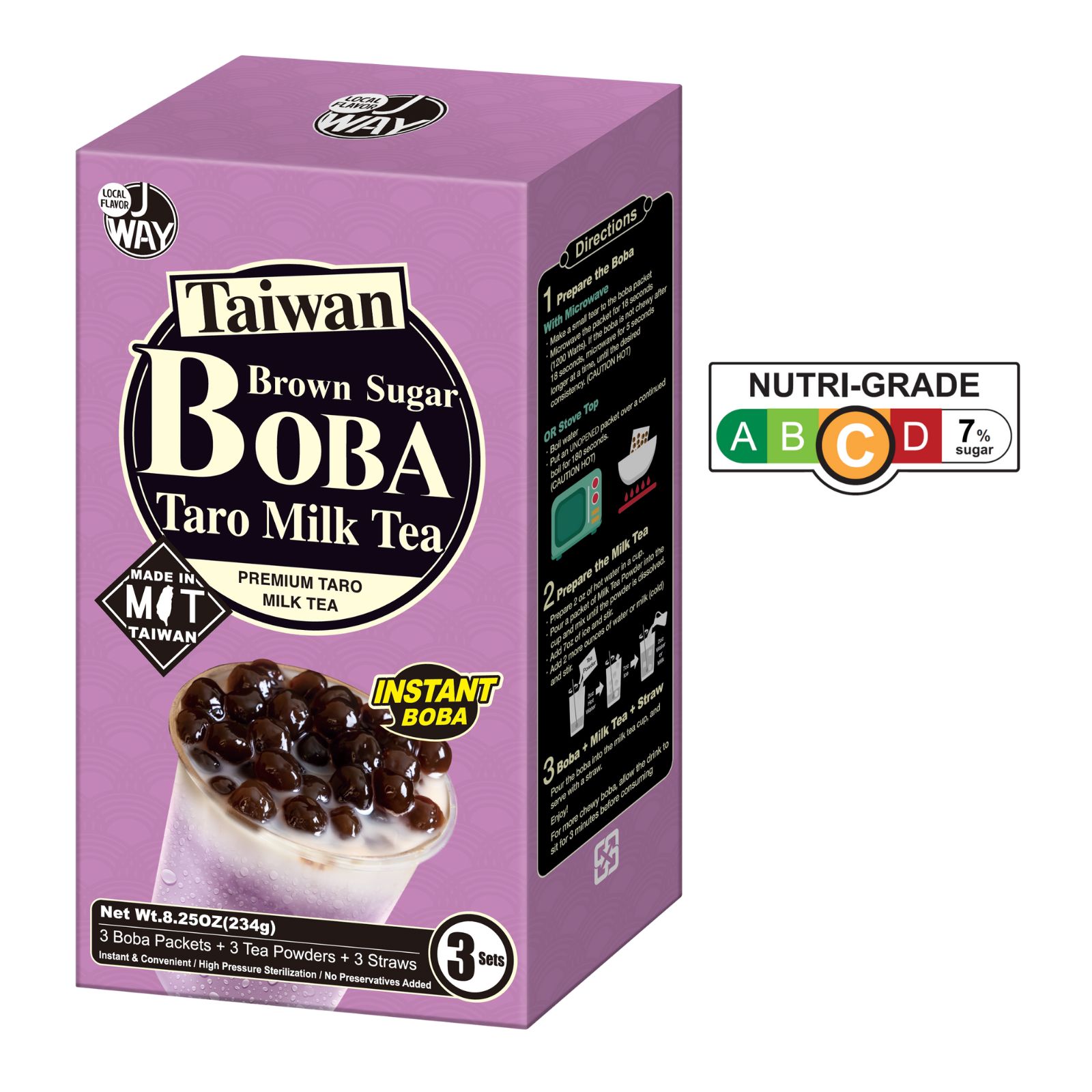 J Way Instant Boba Taro Milk Tea Set, Taro Bubble Tea Kit, 3 Drinks